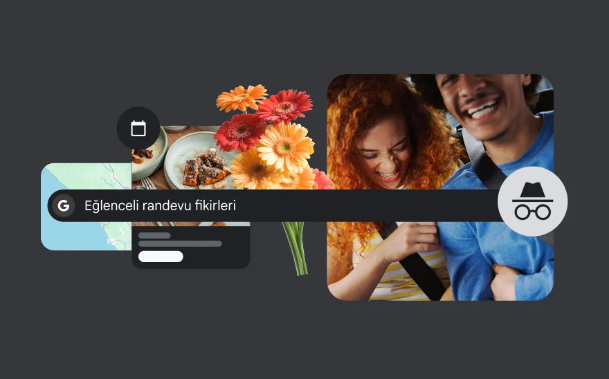 Arama çubuğunda 'Eğlenceli randevu fikirleri' yazıyor ve arka tarafta çiçekler, yemek, harita ve gülen bir çift görünüyor.